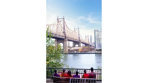 Air India's cabin crew recreating the iconic poster of the 1979 film, Manhattan, underneath Queensboro Bridge