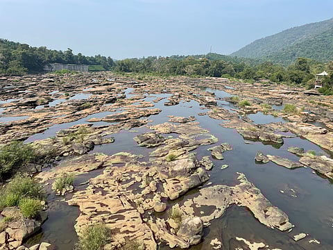 The serene Chalakudy River wraps its way around rocky terrain, hugging boulders and swirling around foliage in Ezhattumugham