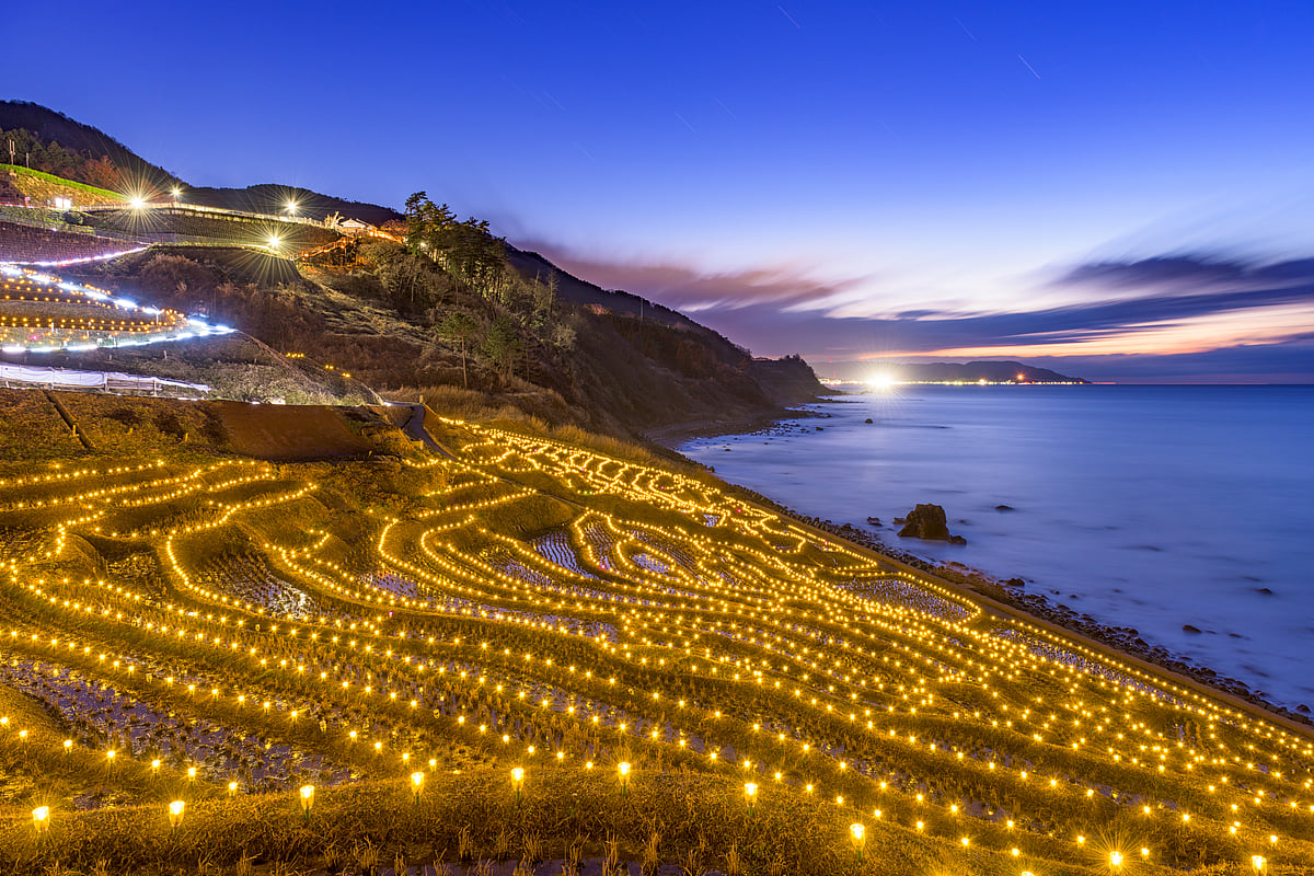 The Shiroyone Senmaida rice terraces lit up at night