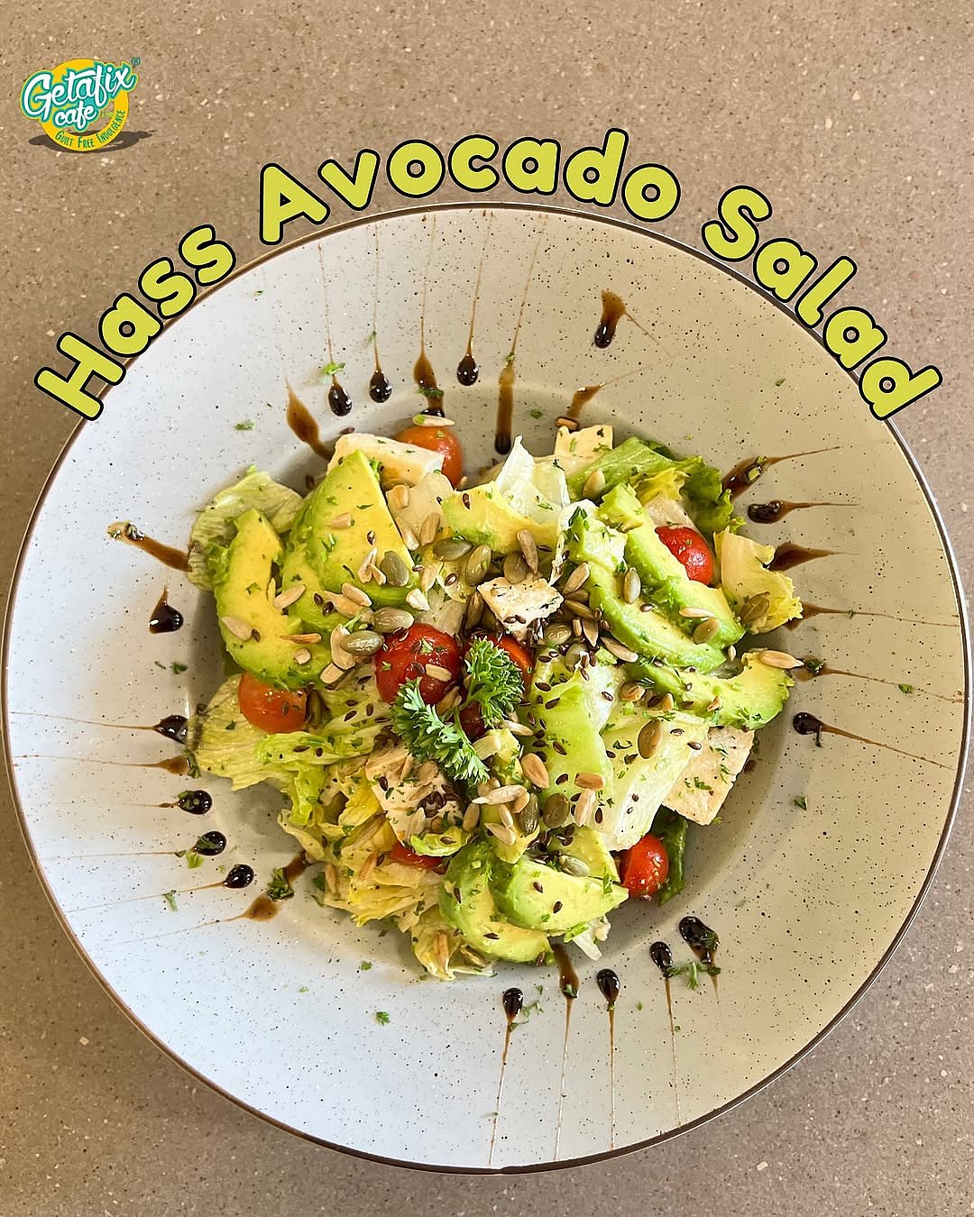 A hass avocado salad by Getafix Café