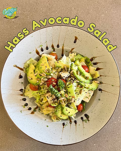 A hass avocado salad by Getafix Café