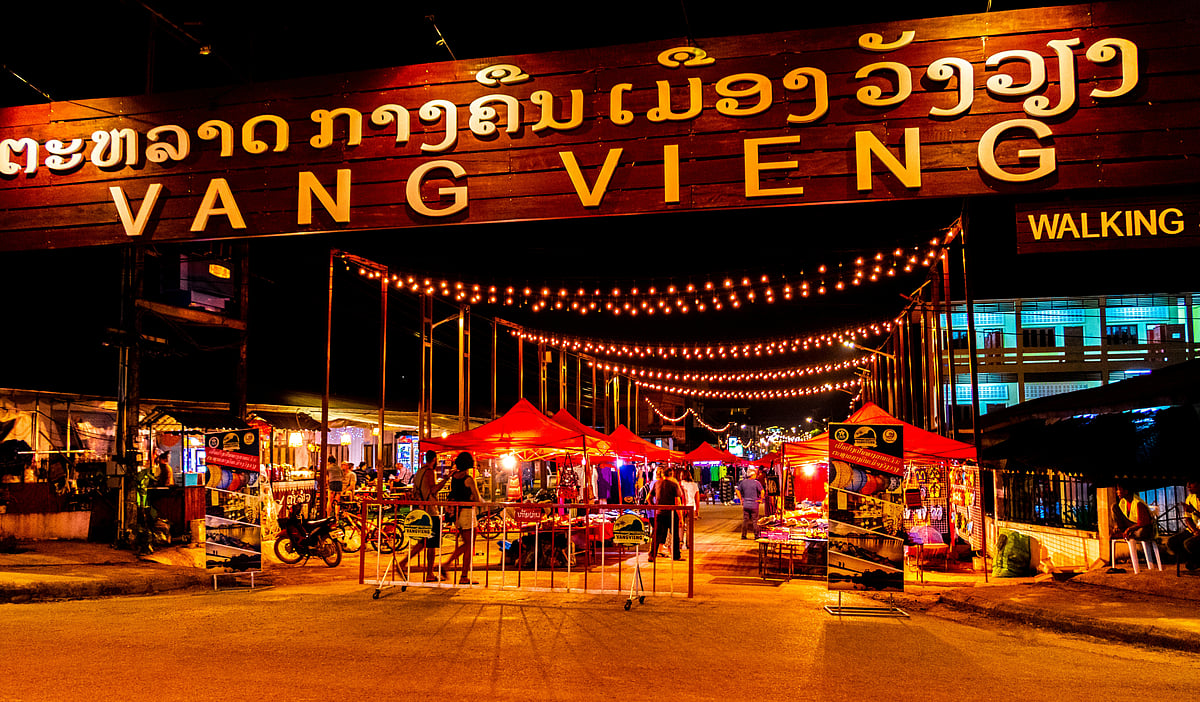 The party town of Vang Vieng in Central Laos