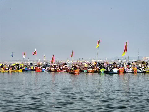 Boats line up at the Sangam in Prayagraj during Maha Kumbh 2025