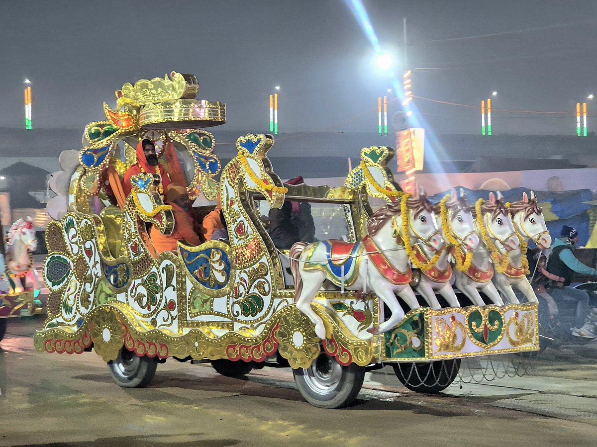 Grand procession by akharas feature decorated tableaus at Maha Kumbh 2025