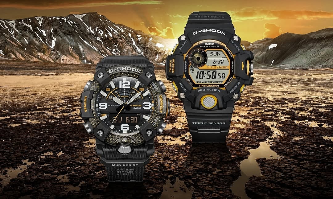 The Yellow Accent series featuring the Mudmaster GGB100Y-1A (left) and Rangeman GW90400Y-1 (right) by Casio