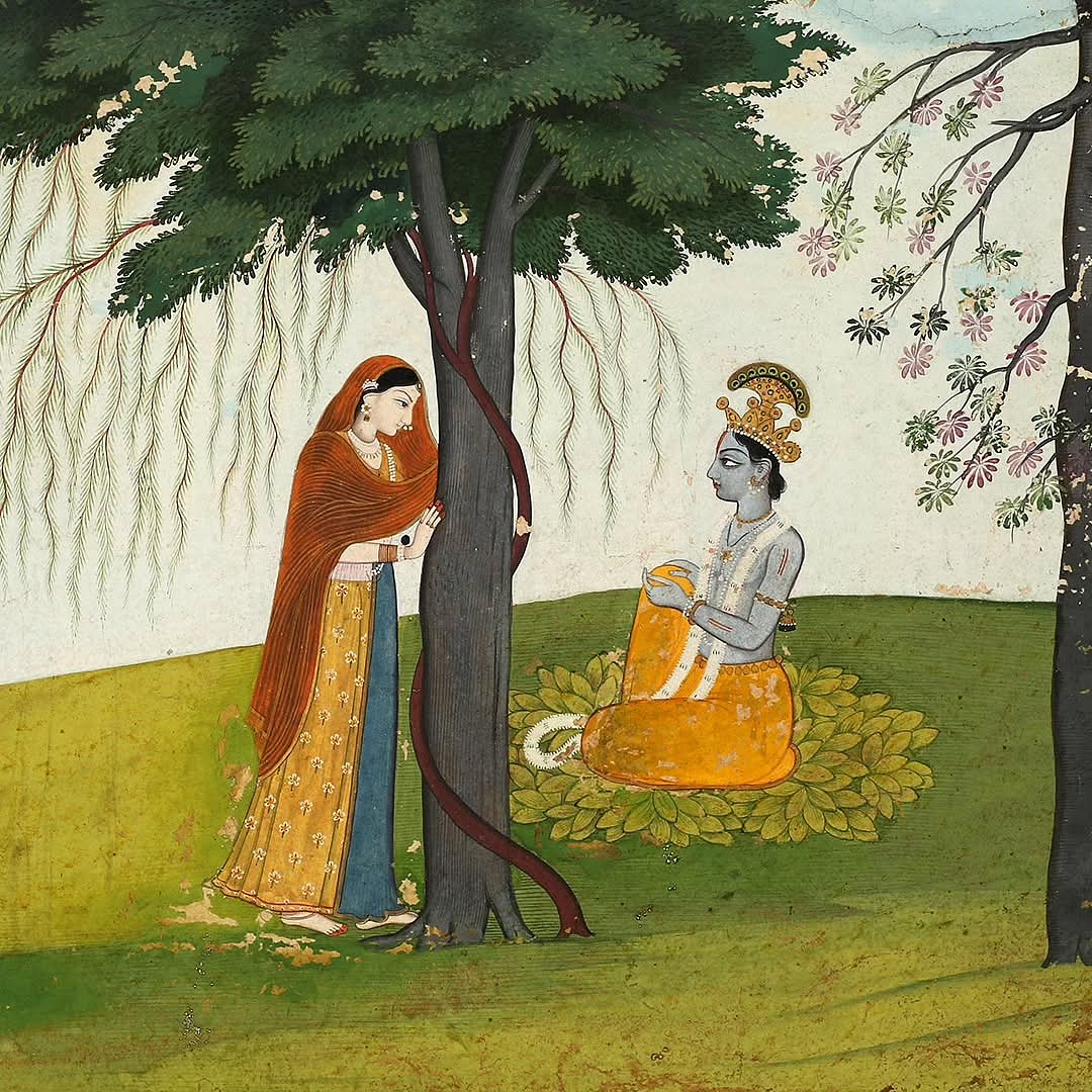 Painted on paper, Krishna awaits Radha for a reconciliation is an artwork from 1765-1770. It is on display at the Lalbhai Dalpatbhai Museum