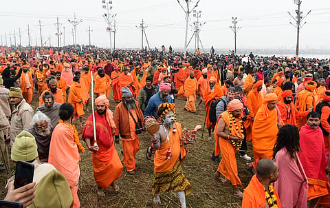 Worshippers arrive at the Maha Kumbh Mela 2025 in Prayagraj
