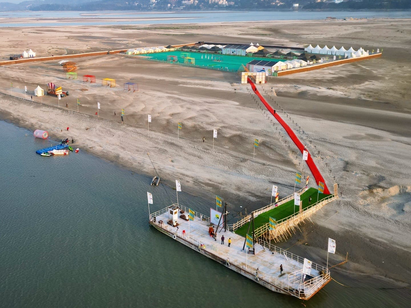 Aerial view of sandbar island tent city at Brahmaputra Carnival