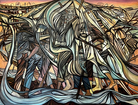 Anant Art Gallery. The Labour of Rights. Mixed media on canvas 72 x 96 in 2024