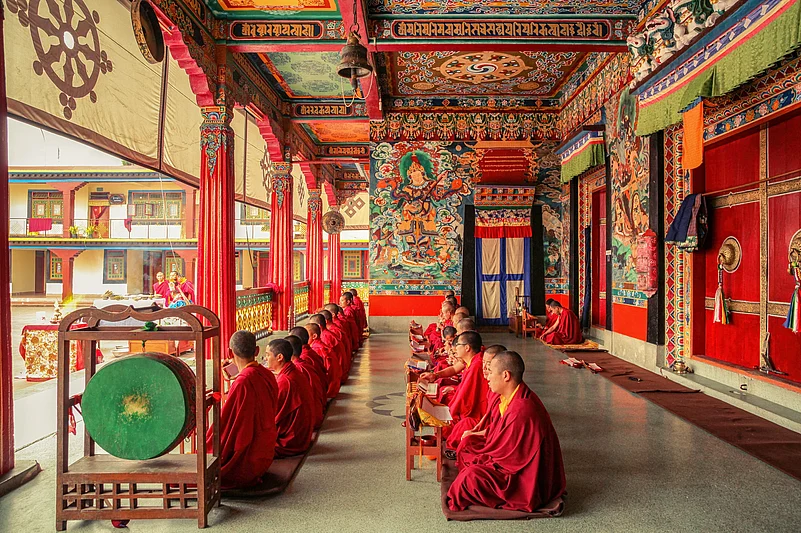 Monks chanting prayers at the Rumtek Monastery in Gangtok.