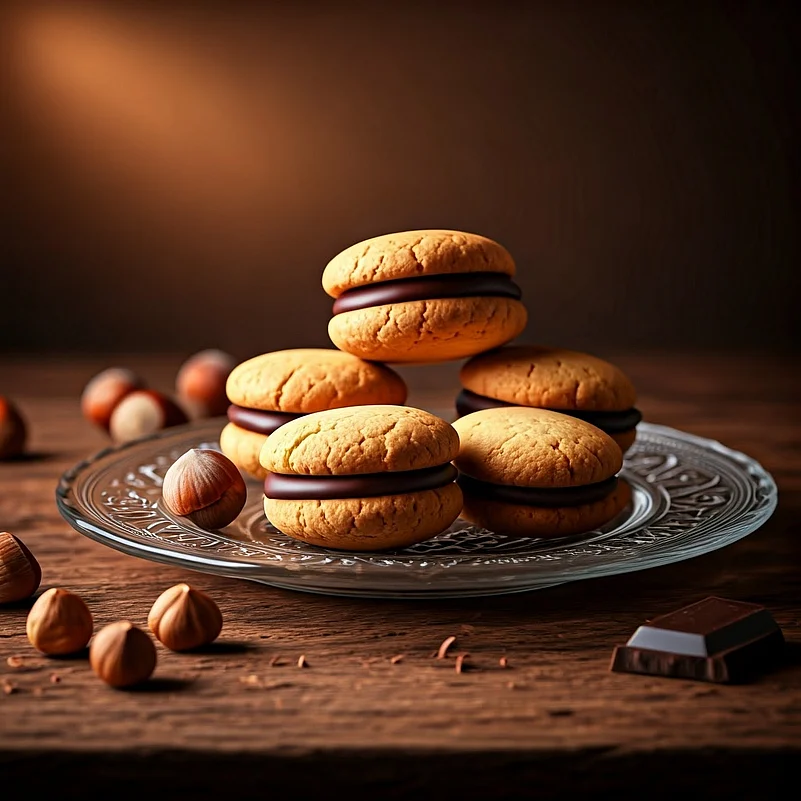 Traditional Baci di Dama from Piedmont, Italy. The cookies are made of two small, round, golden-brown hazelnut shortbread halves