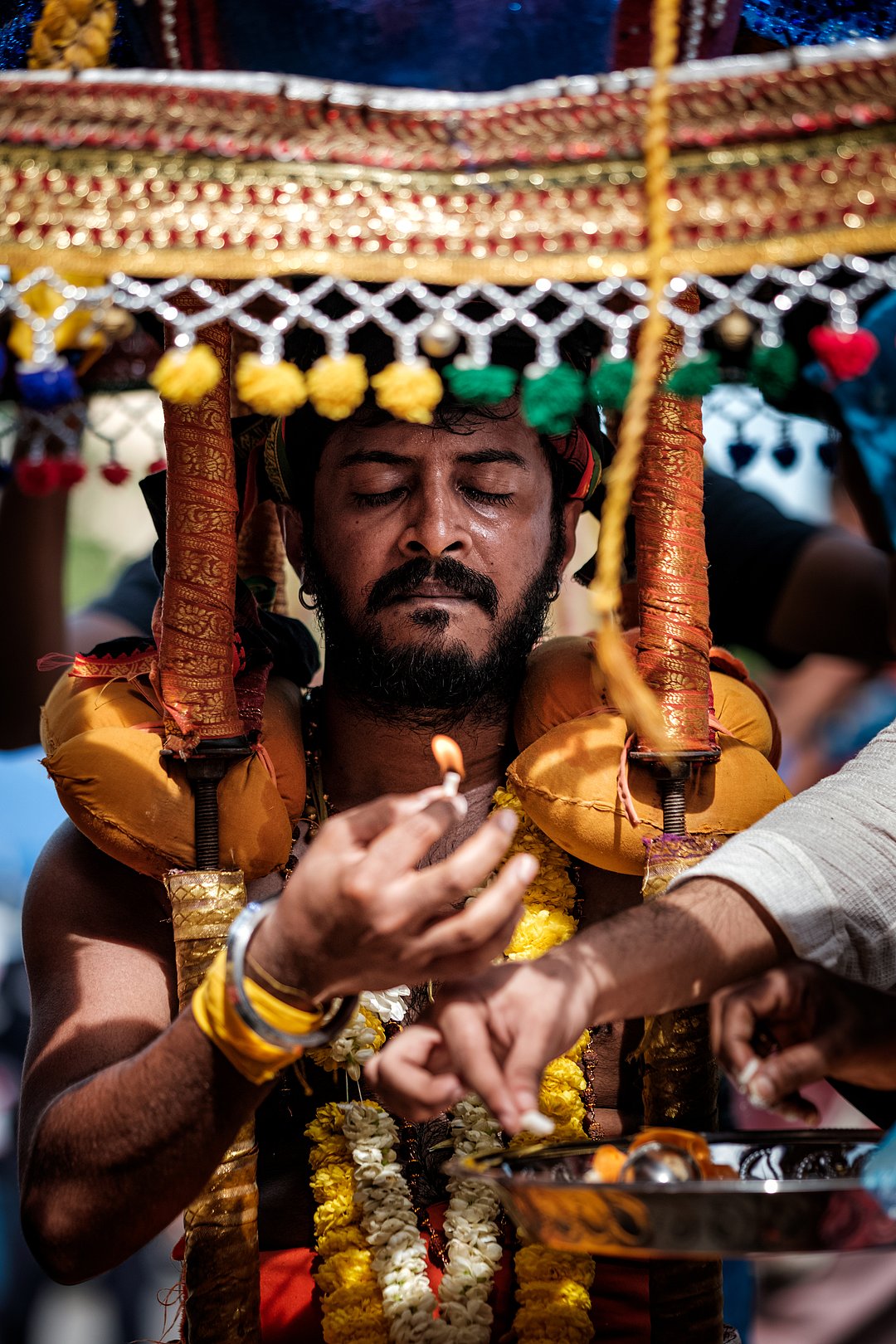 A religious worshipper carrying a kavadi during Thaipusam