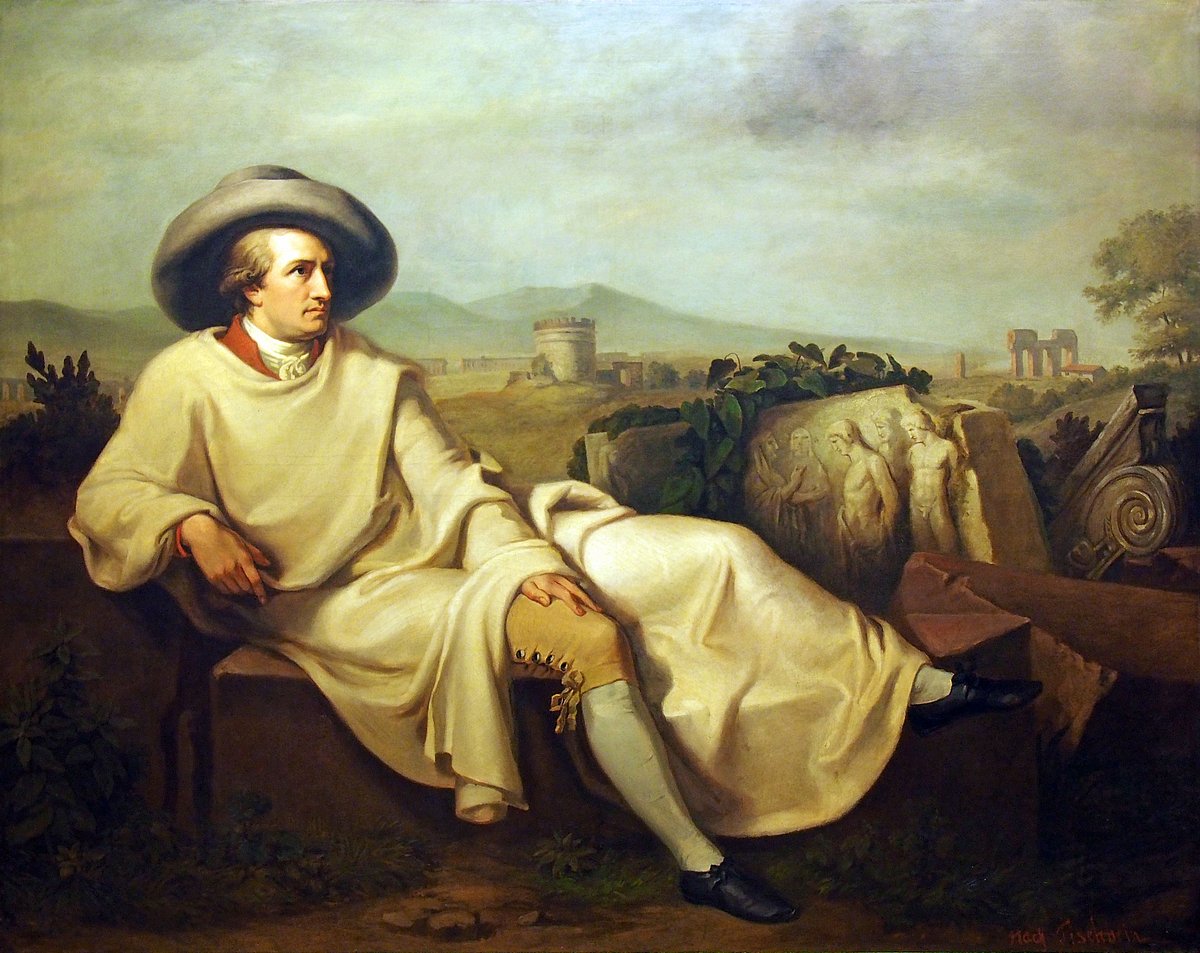 Painting titled Goethe in der Campagna di Roma depicting Goethe. 