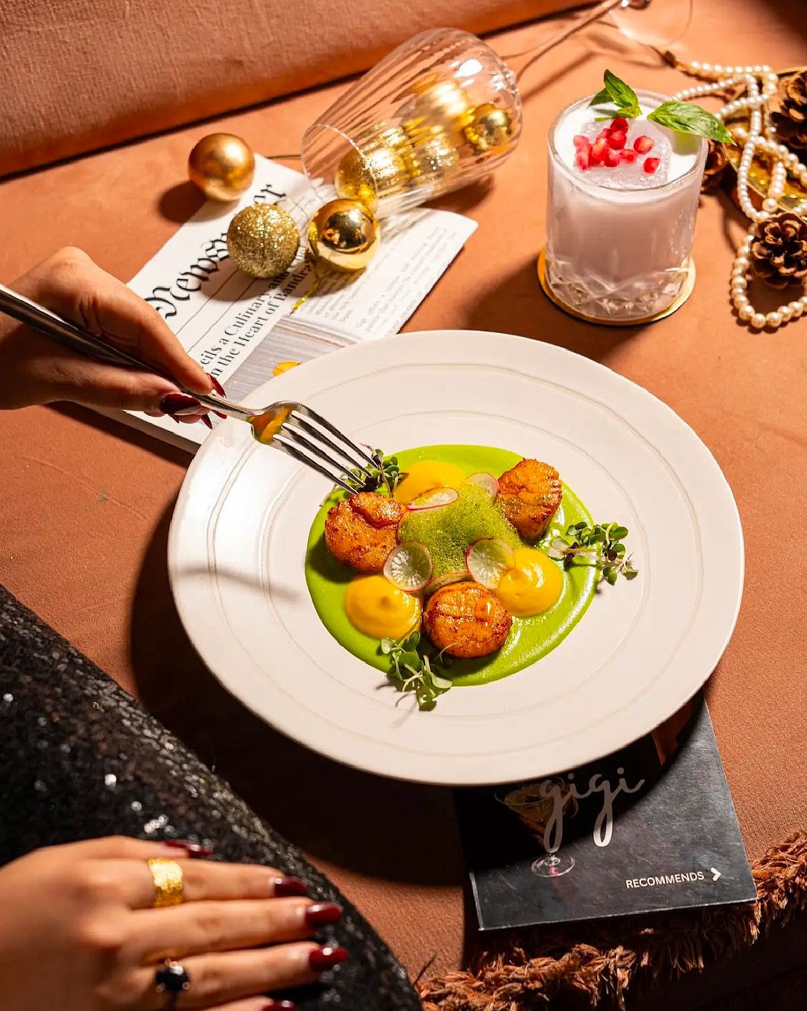 The grilled scallops, pea purée and pumpkin velouté at GIGI Bombay is the perfect meal for Valentines Day