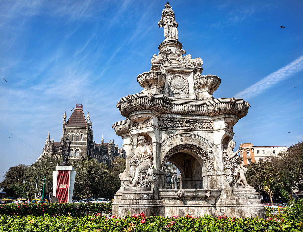 pikosokz/Shutterstock : Built in 1864, the Flora Fountain is located at the southern end of the historic Dadabhai Naoroji Road in Mumbais Fort business district