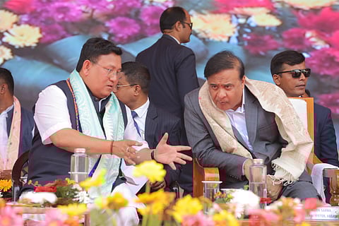 BTR Chief Pramod Boro with Assam CM Himanta Sarma during the Peace Accord commemoration.