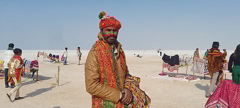 Locals selling colourful Chaniya Cholis along the heavenly road.