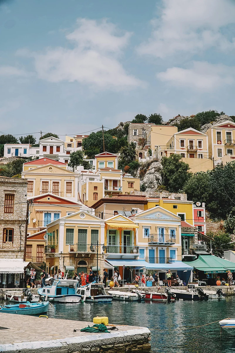 The colourful hilltop houses of Symi
