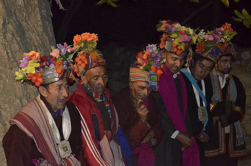 Brokpa Men traditionally dressed up for a festival.