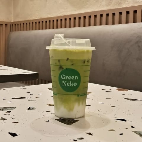 Green Neko's matcha menu has five options: a matcha latte, a matcha iced tea, a strawberry matcha boba, a mango matcha boba or the regular matcha bubble tea (pictured here).