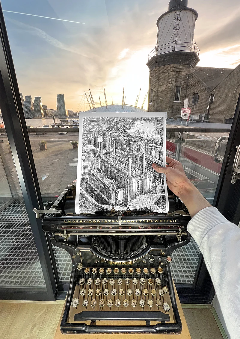 Battersea Power Station London Typewriter Art with 1931 Typewriter done in 2023