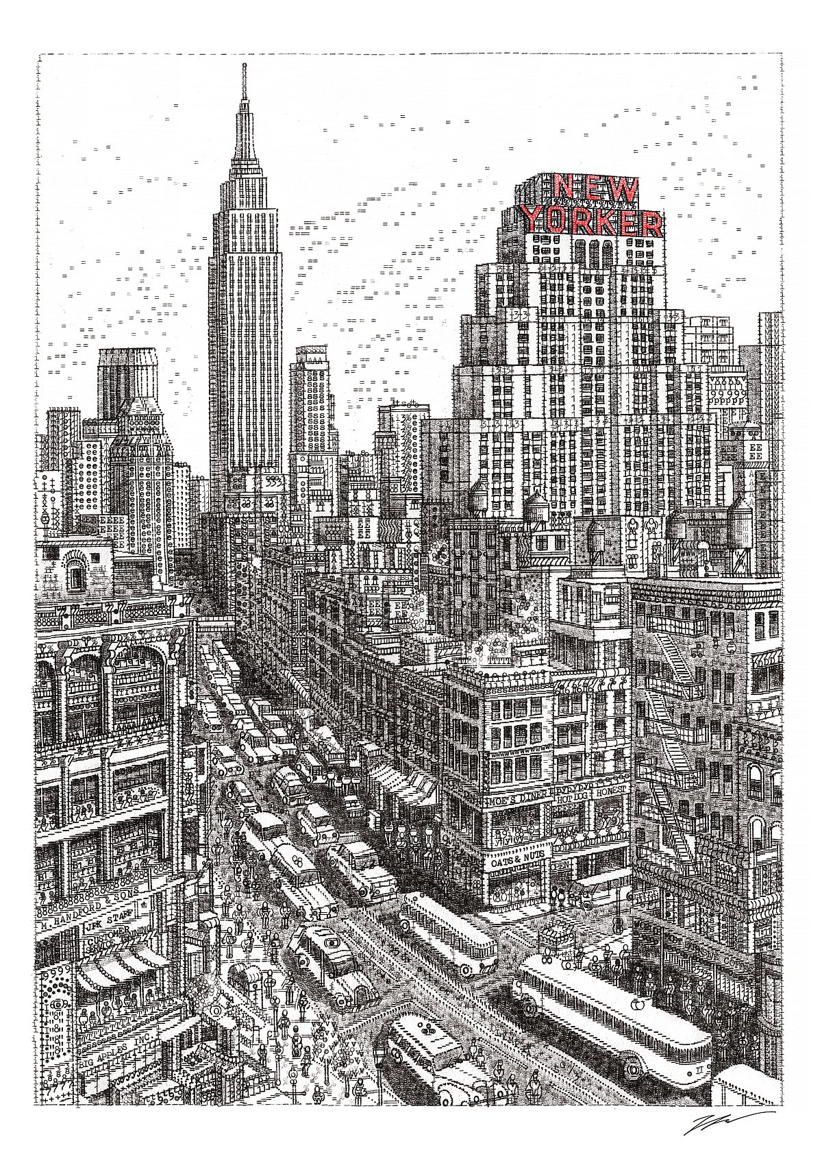 This artwork Midtown Manhattan was inspired by a memorable trip to New York where Cook stayed at the iconic New Yorker Hotel