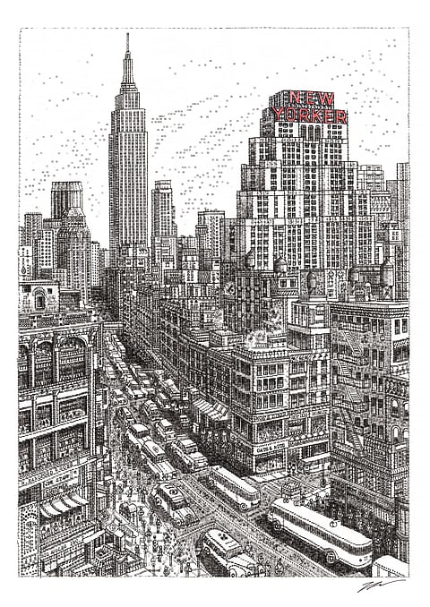 This artwork Midtown Manhattan was inspired by a memorable trip to New York where Cook stayed at the iconic New Yorker Hotel