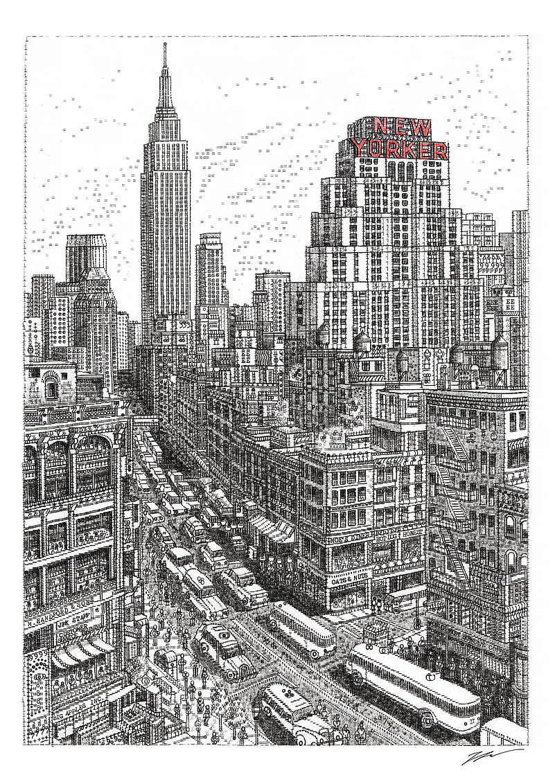 This artwork Midtown Manhattan was inspired by a memorable trip to New York where Cook stayed at the iconic New Yorker Hotel