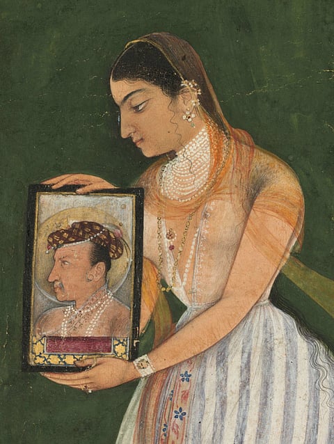 Nur Jahan holding a portrait of Emperor Jahangir, about 1627; borders added in 1800s.