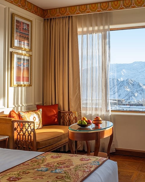 The hotel is built in alignment with the sun, in typical Ladakhi architecture