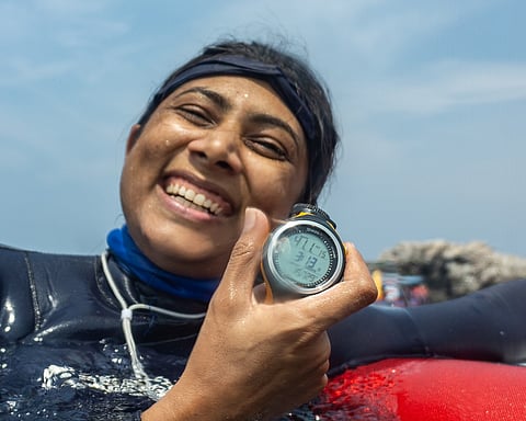 Mirani after finishing her 40 m freedive. 
