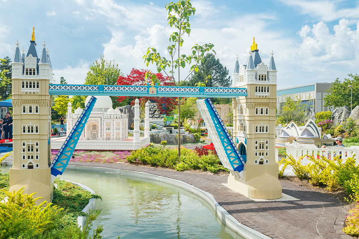London Bridge (foreground), the Taj Mahal (back) and the Sydney Opera House (right) on display at the Legoland Billund Resort.