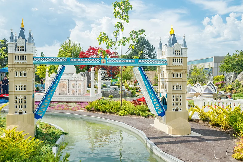 London Bridge (foreground), the Taj Mahal (back) and the Sydney Opera House (right) on display at the Legoland Billund Resort.