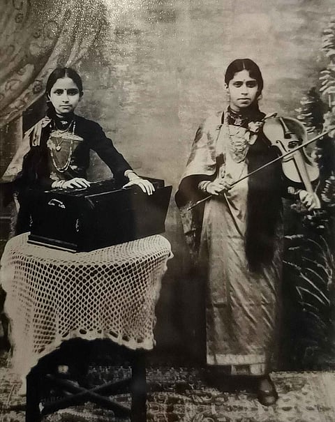 Sisters from Kelapanda family. Photo circa 1930. The photo showcases the distinct attire worn at a Kodava celebration or wedding
