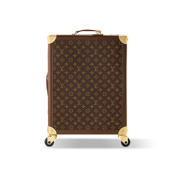 The Louis Vuitton Rolling Trunk luggage in canvas and leather has reinforced corners, wooden slats and rivets