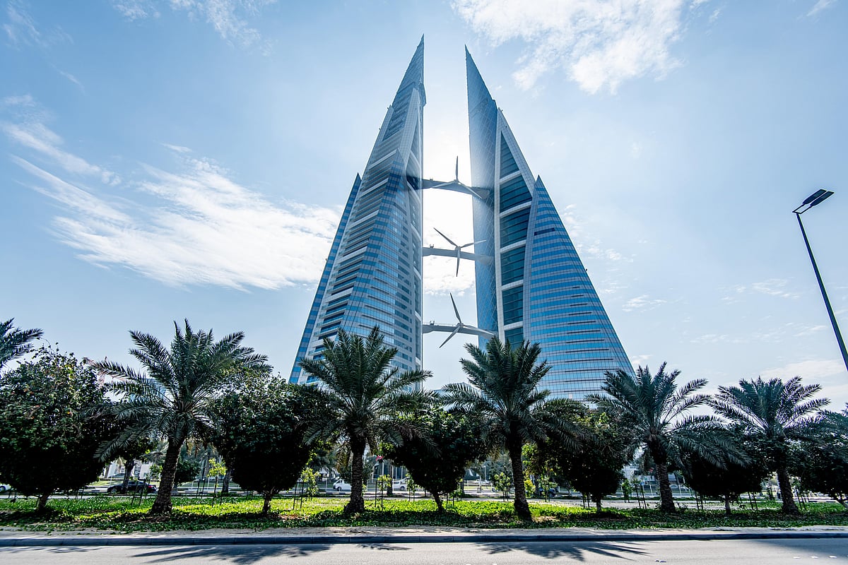 The Bahrain World Trade Center integrates renewable energy solutions into a sophisticated office space