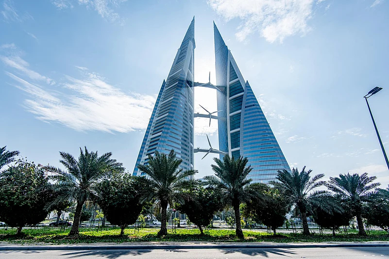 The Bahrain World Trade Center integrates renewable energy solutions into a sophisticated office space