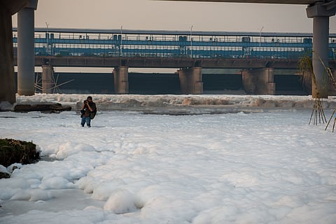 The frothy and toxic water of the Yamuna River in 2021