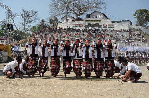 The artists performing ‘Cheraw Kanpui’ during the inauguration of the Chapchar Kut