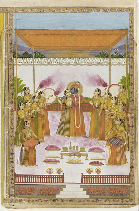 Radha, Krishna and sakhis playing Holi. Lucknow, Avadh (Oudh), 19th century