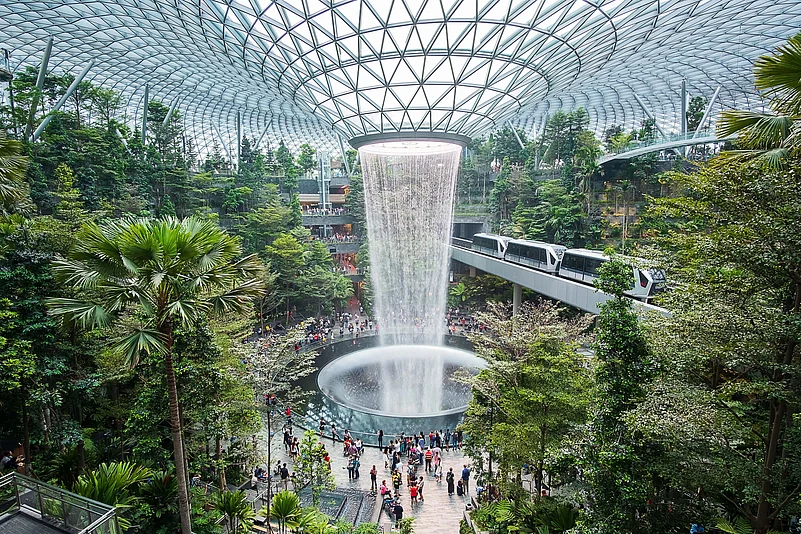 The Jewel Rain Vortex at Singapores Changi Airport is the worlds tallest indoor waterfall