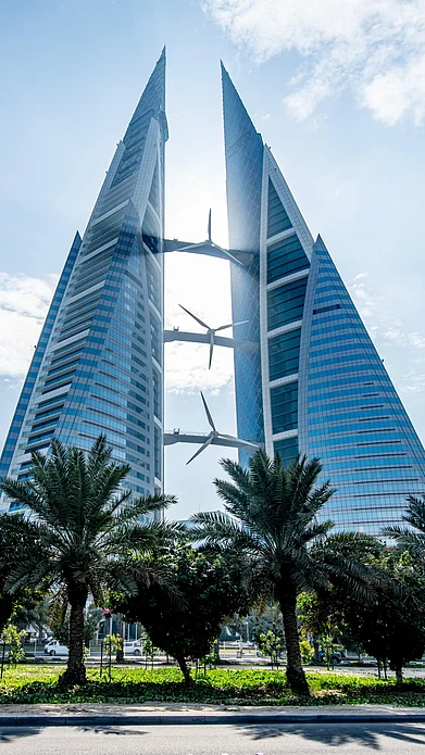 Hasan Zaidi/Shutterstock : The Bahrain World Trade Center integrates renewable energy solutions into an office space