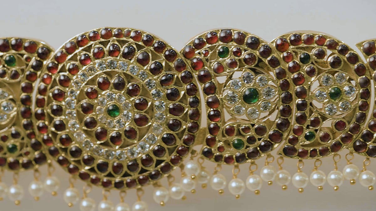 Traditional temple jewellery is made with gold and coloured gemstones