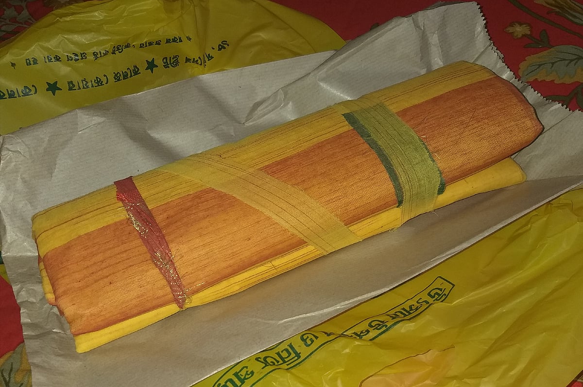 A traditional Bengali Tant saree in a Bengali household, 2019