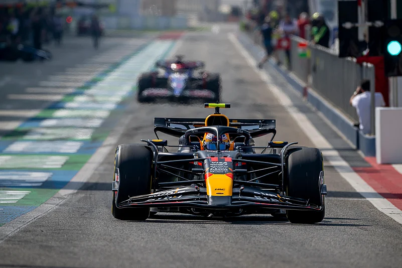 A Formula One car in the pitlane of the Bahrain International Circuit