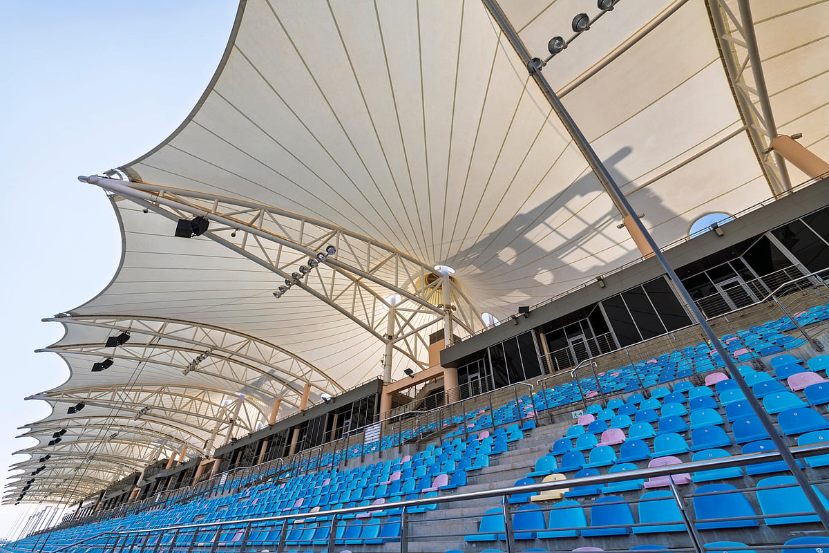 The main grandstand on the start-finish straight of the Bahrain International Circuit