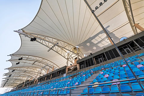 The main grandstand on the start-finish straight of the Bahrain International Circuit