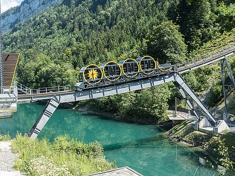 The Stoosbahn Funicular Railway Bridge over the Muota River in Schwyz, Switzerland