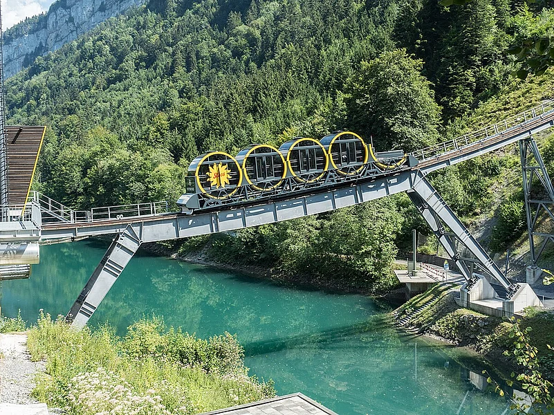 The Stoosbahn Funicular Railway Bridge over the Muota River in Schwyz, Switzerland