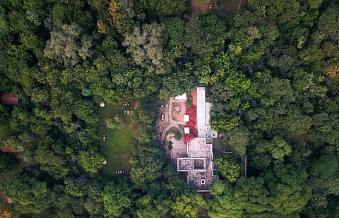 An aerial view of the Chambal Safari Lodge surrounded by a rewilded forest